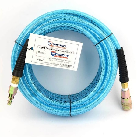 Interstate Pneumatics Polyurethane Hose 1/4" x 50FT 200 PSI w/Two 1/4" Fittings, One 1/4" Coupler & One 1/4" Coupler Plug HU14-050H44